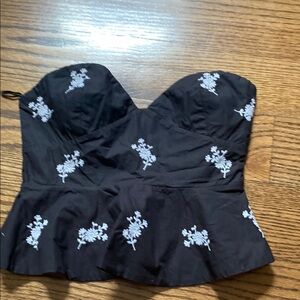 Zara Black Strapless Top with White Embroidery